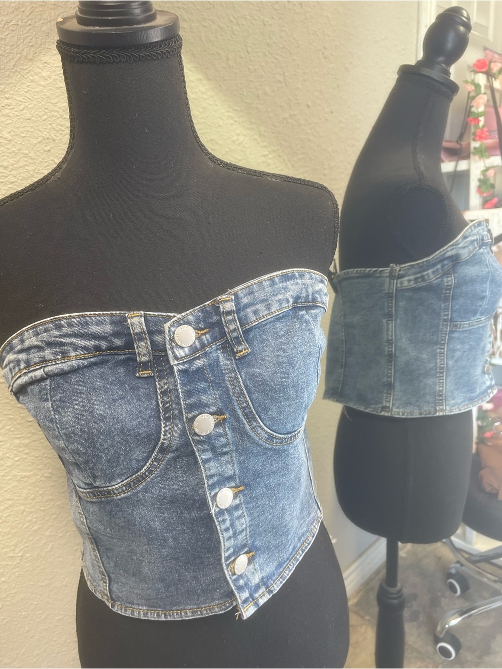 Denim Strapless Button-Front Bustier Top - Blue